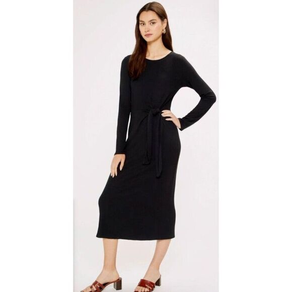 THREE DOTS Karen Dress XL Black Side-Tie Ribbed Long Sleeve Midi Length Modest - Picture 14 of 14